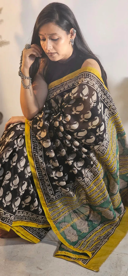 Black and yellow Handblock Cotton Chanderi Saree