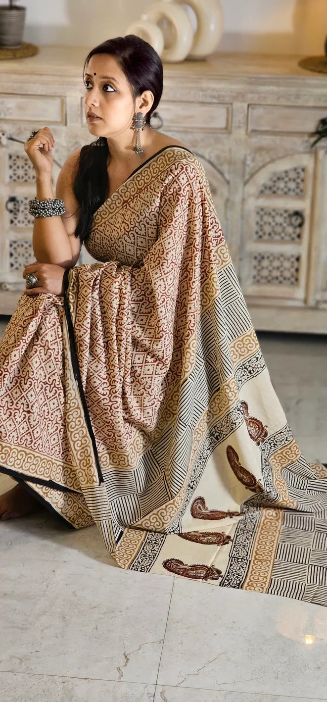 Red and beige Handblock Mul Cotton Saree