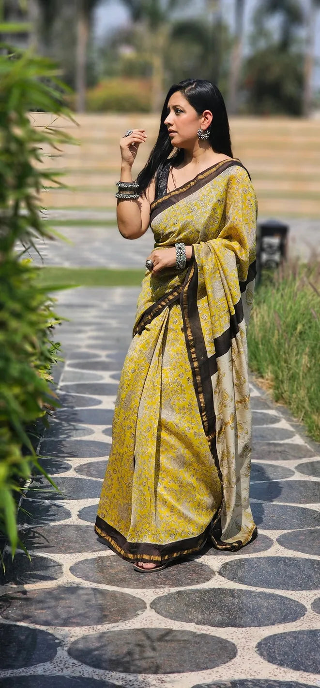 Sunshine yellow Handblock Cotton Chanderi saree