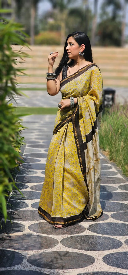 Sunshine yellow Handblock Cotton Chanderi saree