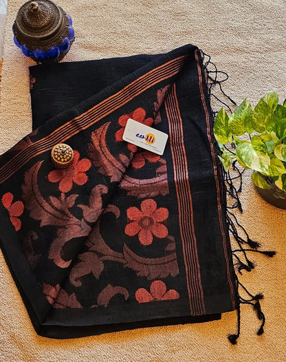 Black flower pure handwoven linen saree with zari flowers