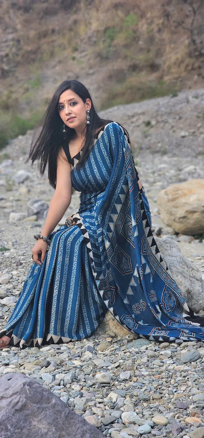 Blue and white Stripes Modal Silk Saree