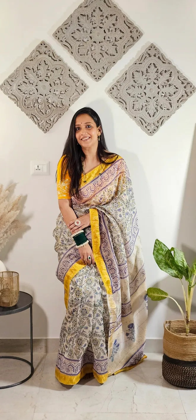 Yellow and purple Maheshwari silk saree
