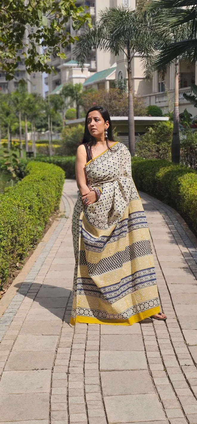 Beige Yellow Handblock Mul Cotton Saree