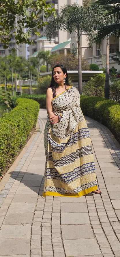 Beige Yellow Handblock Mul Cotton Saree