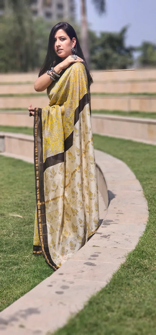 Sunshine yellow Handblock Cotton Chanderi saree
