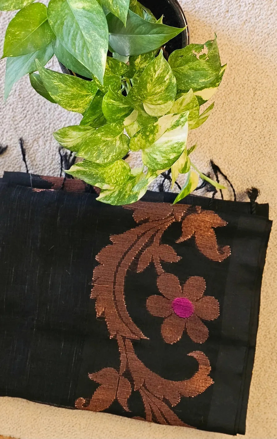 Black flower pure handwoven linen saree with zari flowers