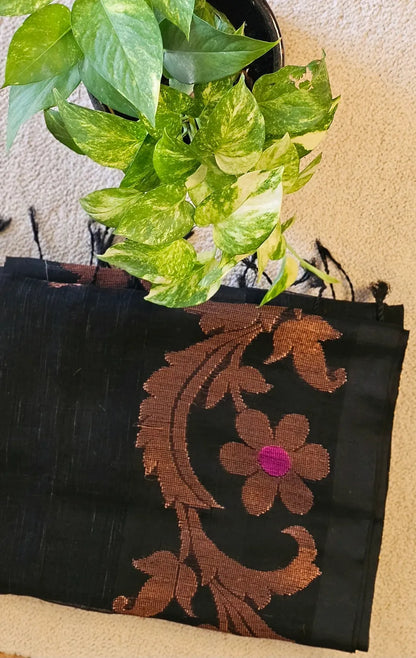Black flower pure handwoven linen saree with zari flowers