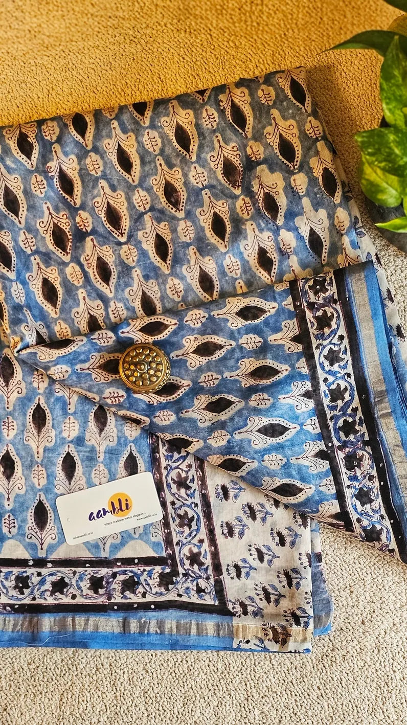 Blue and Black handblock chanderi saree