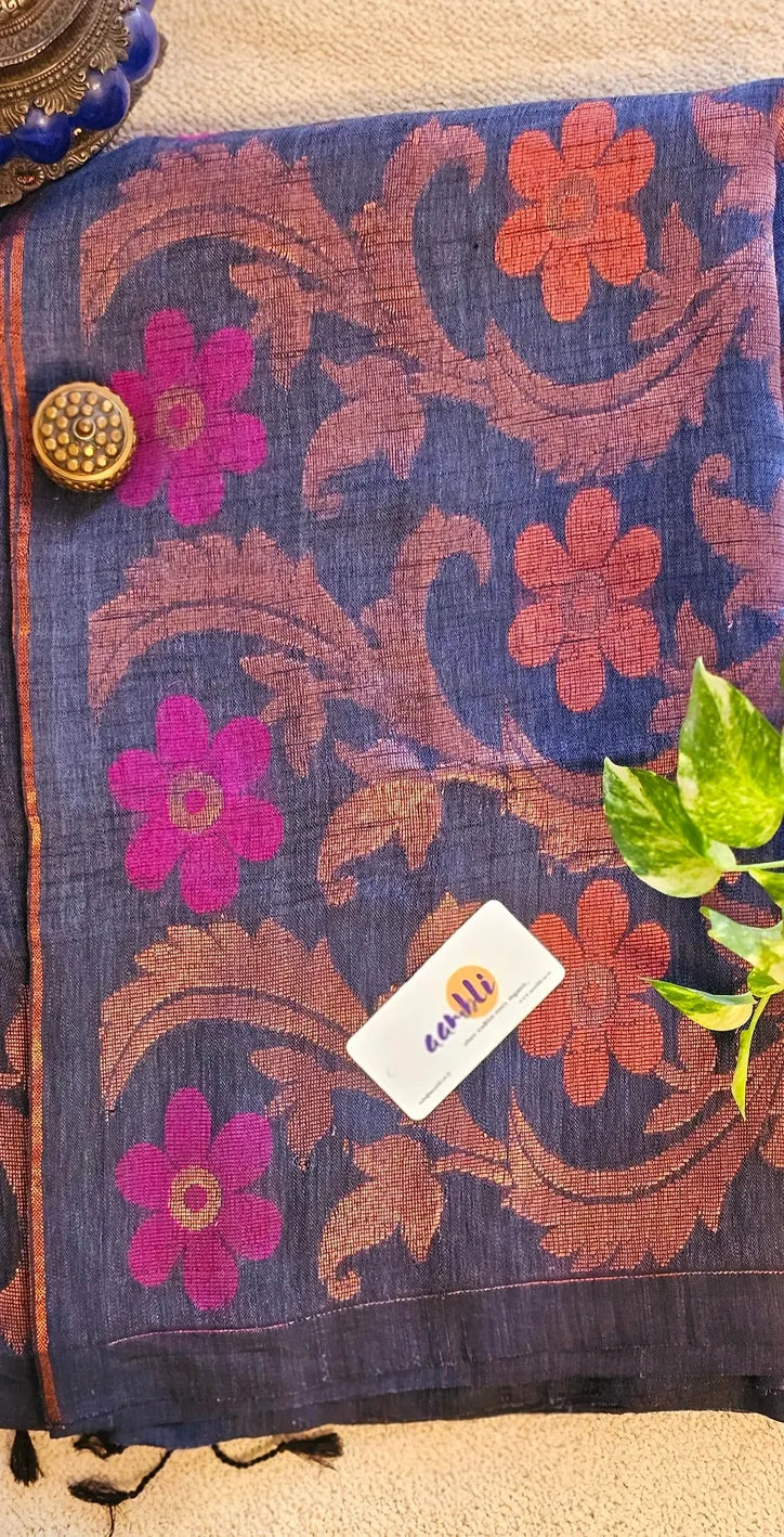Grey flower pure handwoven linen saree with zari flowers