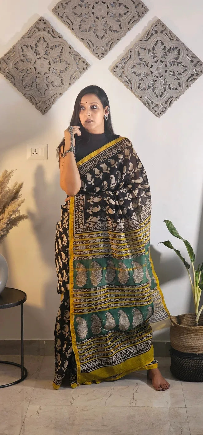 Black and yellow Handblock Cotton Chanderi Saree