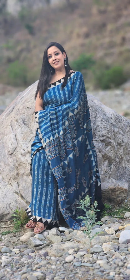 Blue and white Stripes Modal Silk Saree