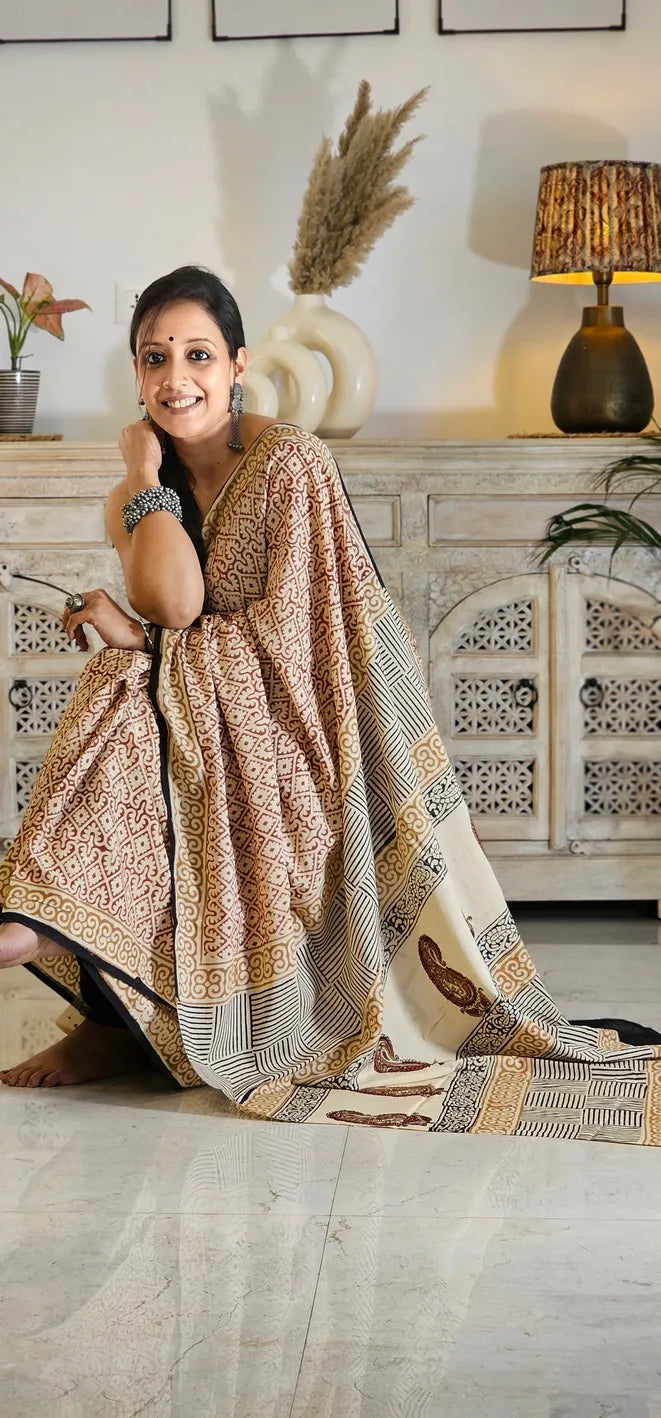 Red and beige Handblock Mul Cotton Saree