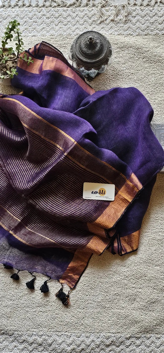Purple Pure Handwoven Linen saree with Zari strips