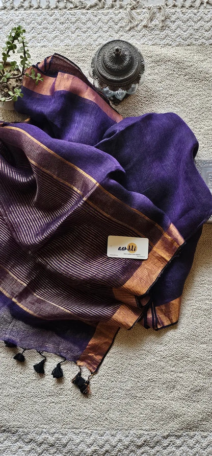 Purple Pure Handwoven Linen saree with Zari strips