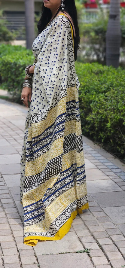 Beige Yellow Handblock Mul Cotton Saree