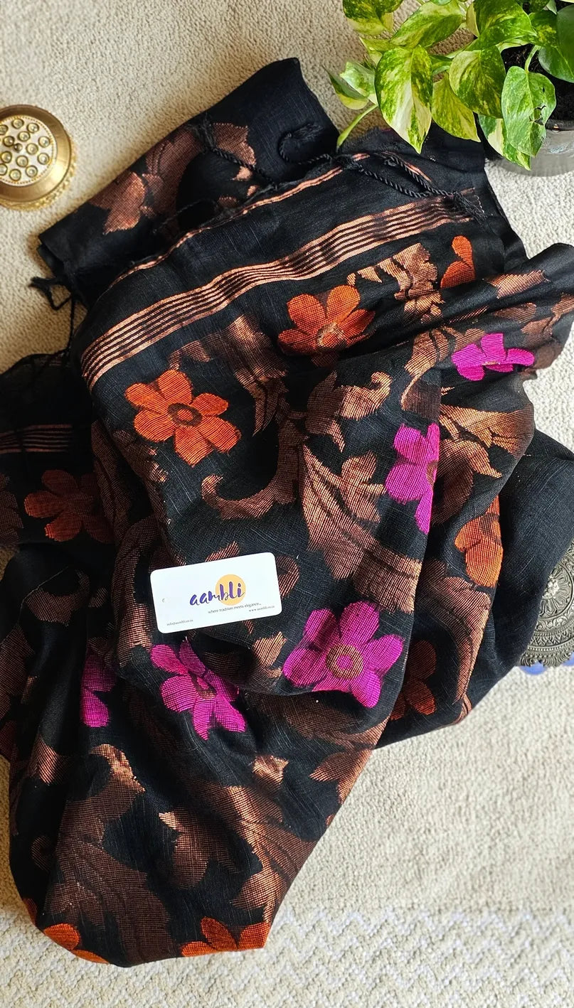 Black flower pure handwoven linen saree with zari flowers