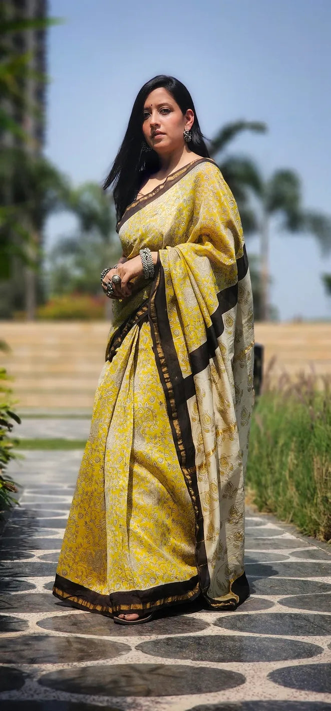 Sunshine yellow Handblock Cotton Chanderi saree