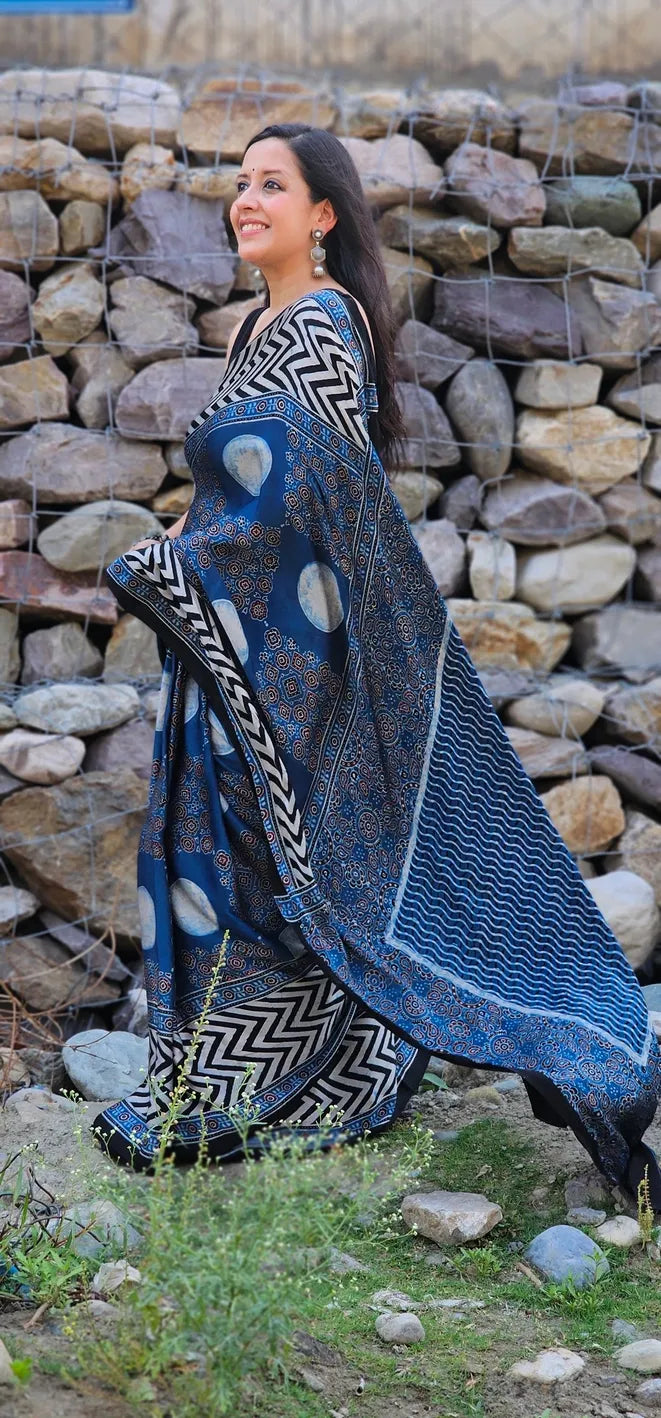 Blue and white cirlced Pure handblock Modal Silk Saree