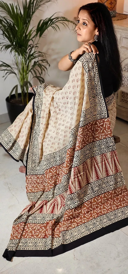 Beige-Black Handblock Mul Cotton Saree