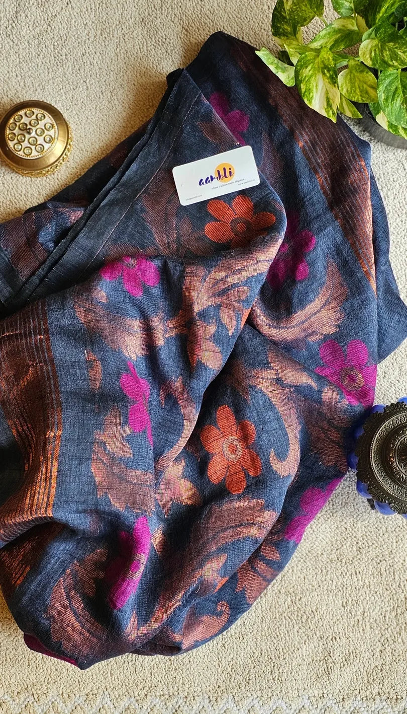 Grey flower pure handwoven linen saree with zari flowers