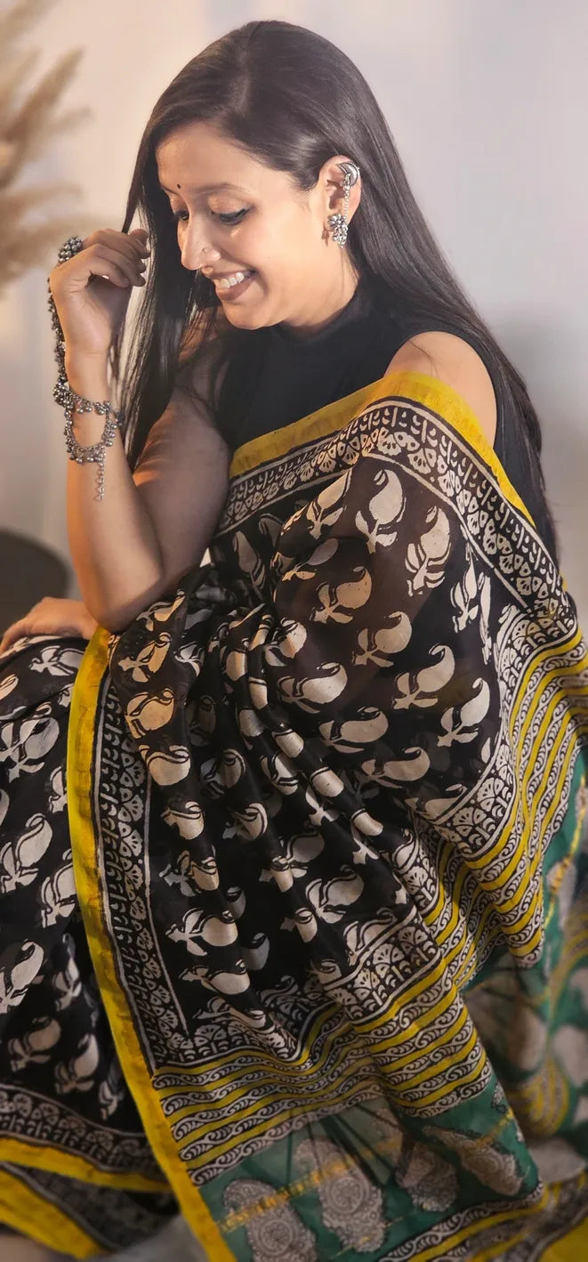 Black and yellow Handblock Cotton Chanderi Saree