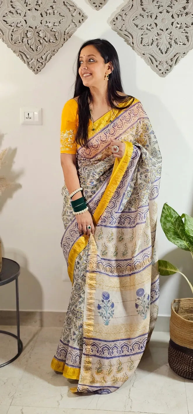Yellow and purple Maheshwari silk saree