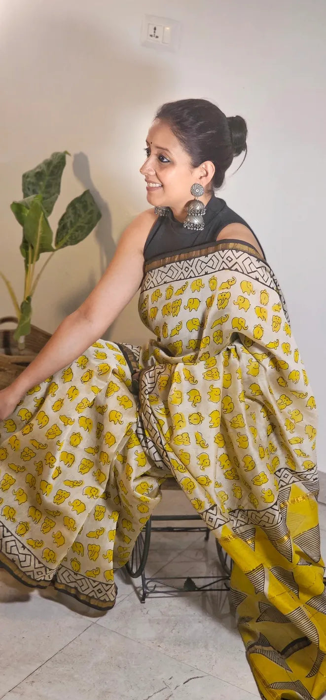 Quirky Elephant Handblock Cotton Chanderi Saree