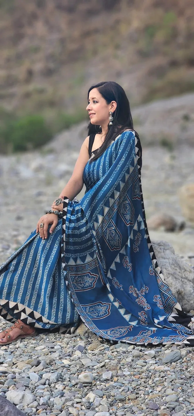 Blue and white Stripes Modal Silk Saree