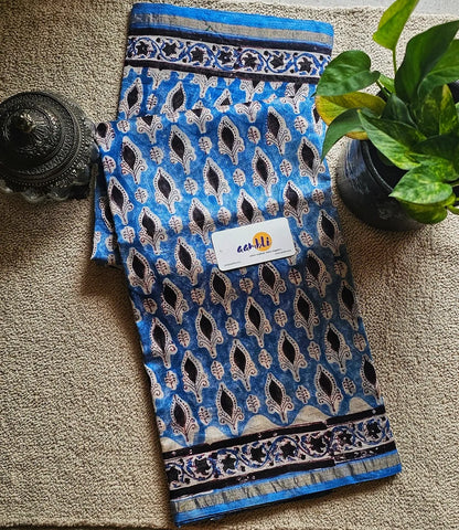 Blue and Black handblock chanderi saree