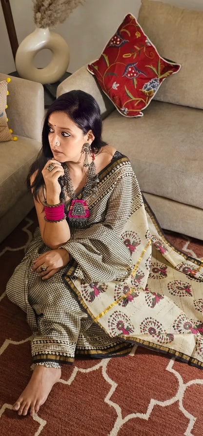 Black checkered Handblock cotton chanderi saree