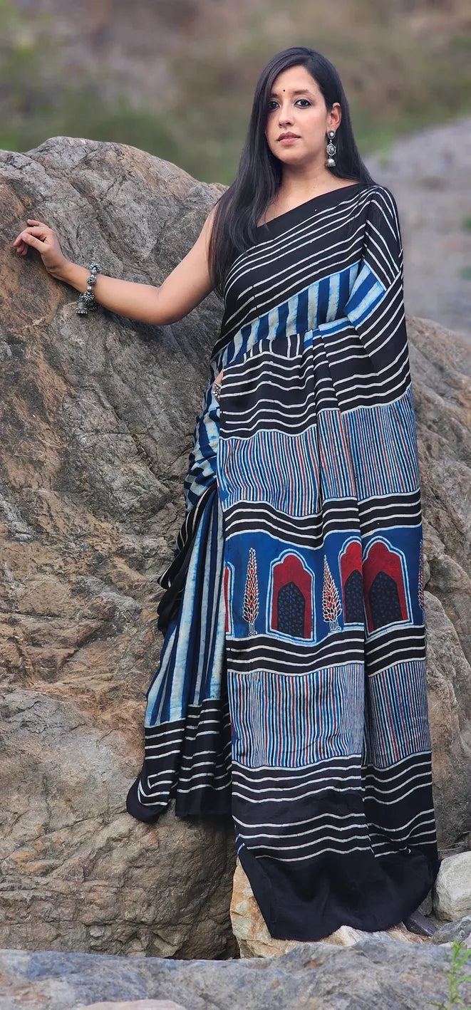 Blue and Black striped Pure handblock Modal Silk Saree