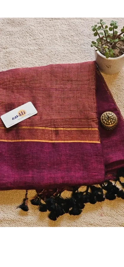 Magenta Pure Handwoven Linen saree with Zari strips