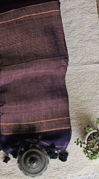 Purple Pure Handwoven Linen saree with Zari strips